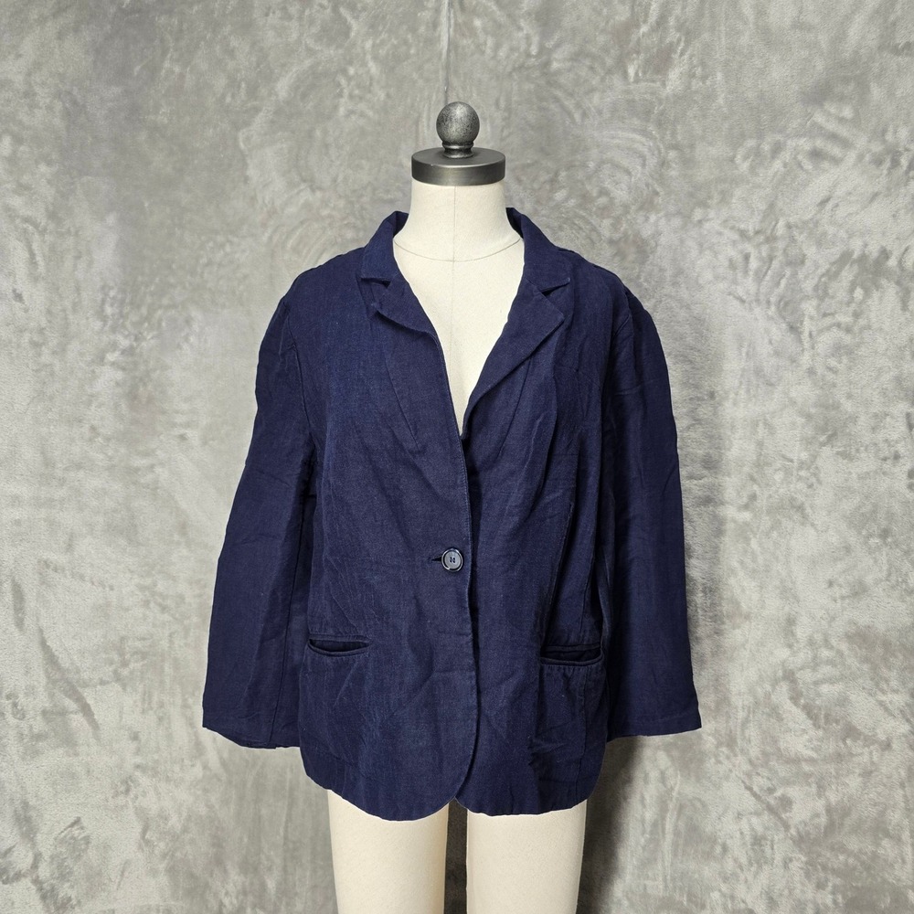 Charter Club Blazer Women 12 Navy Blue Linen Blend One Button Lightweight Jacket